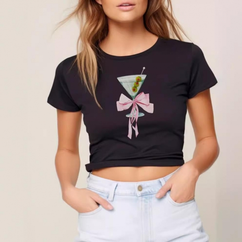 Women's Martini Glass Bow Graphic Print Crop Top T-Shirt Polyester Spandex Blend Round Neck Short Sleeve Summer Casual Y2K Streetwear Tee