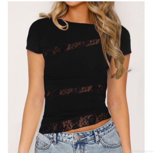 Women's Sexy Lace Patchwork Short Sleeve T-Shirt Slim Fit Round Neck Polyester Spandex Top For Summer Street Fashion Casual Daily Wear
