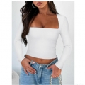 Women's Long Sleeve Square Neck T-Shirt Slim Fit Cropped Top Solid Color Polyester Spandex Milk Silk Sexy Casual Streetwear Top for Women