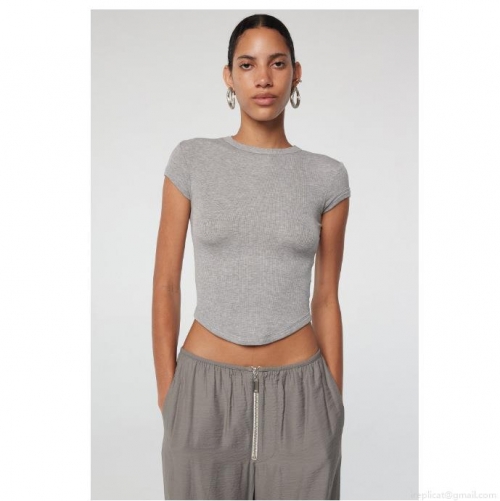 Women's Ribbed Knit Short Sleeve T-Shirt Slim Fit Round Neck Plain Crop Top Solid Color Curved Hem Tee Casual Streetwear Everyday Fashion Summer Top