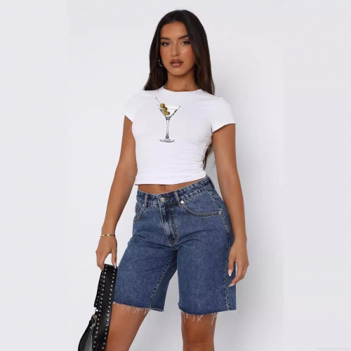 Women's Cropped T-Shirt Milk Silk Polyester Spandex Pomegranate Wine Glass Printed Short Sleeve Slim Fit Streetwear Round Neck Casual Top