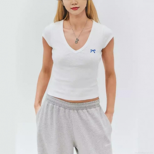 Women's V Neck Short Sleeve T-Shirt Slim Fit Ribbed Knit Top Embroidered Bow Polyester Spandex Casual Streetwear Tee Summer Spring Fashion Tops