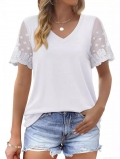 Women's V Neck Short Sleeve T-Shirt Lace Patchwork Sleeve Solid Color Loose Fit Polyester Spandex Summer Casual Streetwear Tee Top For Ladies