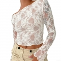 Women Sexy Lace Patchwork Long Sleeve T-Shirt One Shoulder Sheer Floral Mesh Slim Fit Crop Top Flare Sleeve Blouse For Party Clubwear Streetwear Lady