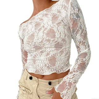 Women Sexy Lace Patchwork Long Sleeve T-Shirt One Shoulder Sheer Floral Mesh Slim Fit Crop Top Flare Sleeve Blouse For Party Clubwear Streetwear Lady