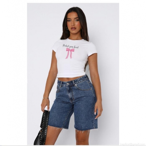 Women's Cute Bow Tie Print Crop Top Protect Your Heart Graphic Short Sleeve T-Shirt Slim Fit Y2K Streetwear Polyester Spandex Casual Round Neck Summer Tee