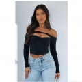 Women's Sexy Off Shoulder Hollow Out T-Shirt Long Sleeve Twisted Knit Crop Top Slim Fit Solid Color Fashion Milk Silk Tee For Party Clubwear
