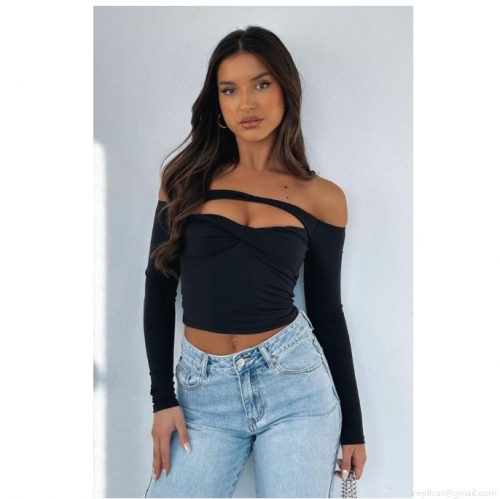 Women's Sexy Off Shoulder Hollow Out T-Shirt Long Sleeve Twisted Knit Crop Top Slim Fit Solid Color Fashion Milk Silk Tee For Party Clubwear