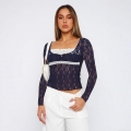 Women's Lace Patchwork Long Sleeve T-Shirt Square Neck Slim Fit Cropped Top Sweet Girly Style Bow Decor Polyester Spandex For Dating