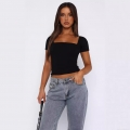 Women's Ruched Square Neck T-Shirt Short Sleeve Slim Fit Solid Color Polyester Spandex Crop Top For Summer Casual Fashion Style