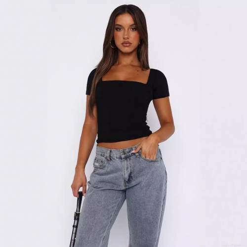Women's Ruched Square Neck T-Shirt Short Sleeve Slim Fit Solid Color Polyester Spandex Crop Top For Summer Casual Fashion Style