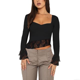 Women's Sexy Square Neck Lace Patchwork Top Fashion Slim Fit Long Bell Sleeve T-Shirt Streetwear Polyester Spandex Solid Color Irregular Hem Blouse