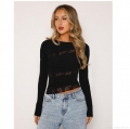 Women's Sexy Lace Patchwork Long Sleeve T-Shirt Slim Fit Round Neck Short Crop Top Streetwear Pullover Bengaline Top for Women