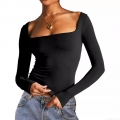 Women's Sexy Square Neck Long Sleeve T-Shirt Slim Fit Solid Color Crop Top Soft Elastic Polyester Spandex Pullover Tee For Daily Party Dating