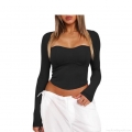 Women's Ribbed Knit Long Sleeve Crop Top Sexy Square Neck Corset Style Slim Fit Pullover T-Shirt Streetwear Fashion Autumn Sexy Casual Tee Top