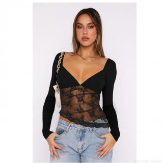 Women's Sexy V Neck Lace Patchwork Top Long Sleeve Slim Fit Floral Lace Hem Solid Color T-Shirt Streetwear Casual Elegant Fall Clothing For Ladies