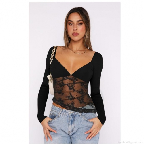 Women's Sexy V Neck Lace Patchwork Top Long Sleeve Slim Fit Floral Lace Hem Solid Color T-Shirt Streetwear Casual Elegant Fall Clothing For Ladies