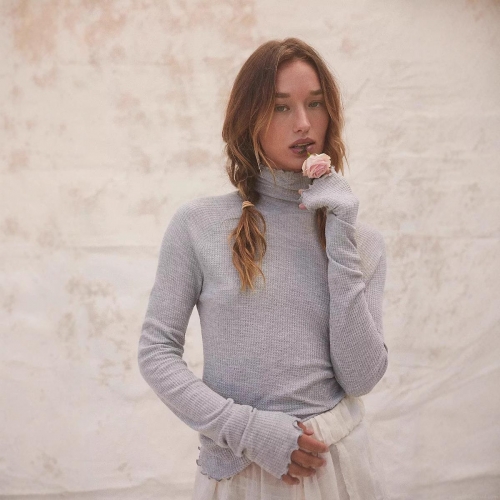 Women's Waffle Knit High Neck Long Sleeve T-Shirt Slim Fit Lettuce Trim Base Layer Top With Thumb Holes Soft Stretch Autumn Winter Casual Undershirt