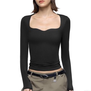 Women Square Neck Heart Neckline T-Shirt Polyester Spandex Long Sleeve Cropped Top Casual Slim Fit Streetwear Pullover Autumn Solid Color Basic Tee