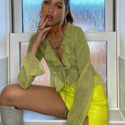 Women Sexy Sheer Ruffle Top Deep V-Neck Tie-Front Long Sleeve Polyester Spandex Mesh Summer Streetwear Short Blouse Outfits