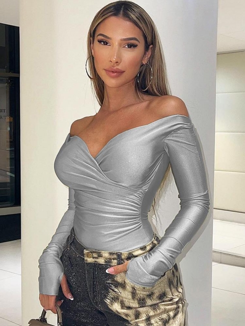 Women Sexy V Neck Ruched Long Sleeve Crop Top Metallic Shiny Slim Fit Pullover Streetwear Party Tee Shirt 95% Polyester 5% Spandex