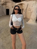 Women's Sexy Mesh Patchwork Long Sleeve Crop Top Twist Front Round Neck Transparent Slim Fit Streetwear T-Shirt Polyester Elastane Top