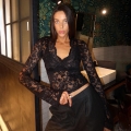 Women Sexy Lace See-Through T-Shirt V-Neck Perspective Long Sleeve Slim Fit Polyester Top For Streetwear Party Date Night Out