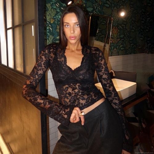 Women Sexy Lace See-Through T-Shirt V-Neck Perspective Long Sleeve Slim Fit Polyester Top For Streetwear Party Date Night Out
