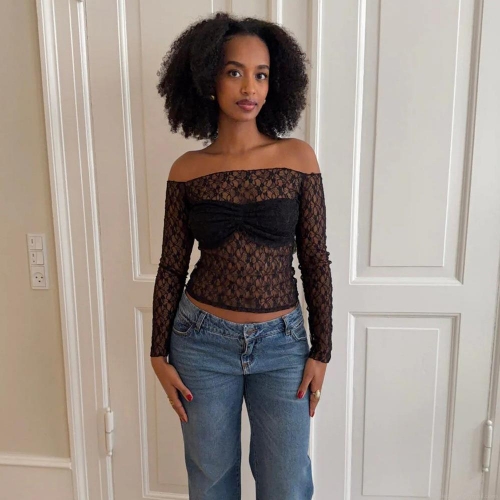 Women Sexy Off Shoulder Lace Long Sleeve T-Shirt Slim Fit Sheer Perspective Backless Crop Top Patchwork Streetwear Y2K Party Clubwear Clothing