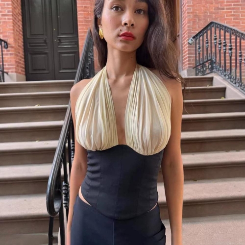 Women Sexy Halter Neck Backless Top Elegant Polyester Mesh Splicing Slim Fit Sleeveless V Neck Pleated Camisole Streetwear Clubwear