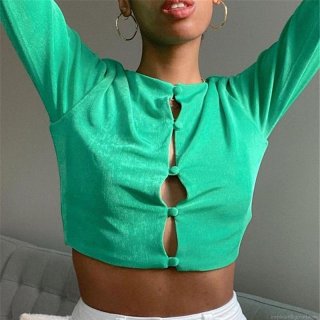 Women Sexy Cropped Ribbed Knit Cardigan Polyester Long Sleeve Round Neck Button Up Slim Fit Streetwear Top For Summer Spring Ladies