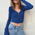 Women's Sexy V Neck Long Sleeve Ruched T-Shirt Ribbed Knit Slim Fit Crop Top Sexy Hook and Eye Closure Solid Color Streetwear Party T-Shirt
