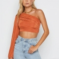 Women Sexy One Shoulder Long Sleeve Lantern Sleeve Pleated Ruffle Crop Top Solid Color Polyester Slim Fit Fashion Streetwear Top For Summer Party