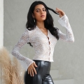 Women's Sexy Lace Stitching Long Flared Sleeve T-Shirt POLO Collar V-Neck Slim Fit Crop Top With Nude Lining Hand-Sewn Hooks Cardigan For Party Club Night Out Streetwear
