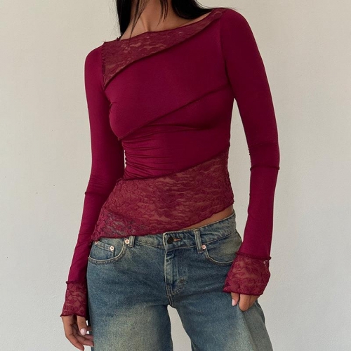 Women's Sexy Lace Splicing T-Shirt Slim Fit Long Sleeve Round Neck Top Perspective Solid Color Streetwear Mesh Patchwork Blouse