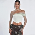 Women Sexy Corset Mesh Patchwork Tube Top Elegant Fishbone One Shoulder Long Sleeve Blouse Summer Streetwear Party Clubwear Top