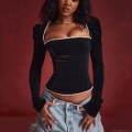 Women's Sexy Velvet Slim Fit Square Neck Long Sleeve T-Shirt Backless Lace-up Top With Ruffle Trim Elegant Solid Color Clubwear Streetwear