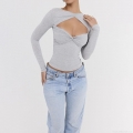 Women's Sexy Hollow Out Twist Knot Long Sleeve T-Shirt Slim Fit Solid Color Polyester Low Cut Top Streetwear Clubwear Bodycon Top