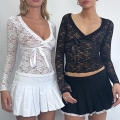 Sexy Women Sheer Floral Lace Top V Neck Long Sleeve Slim Fit Pullover With Bow Tie Ribbon Decoration Polyester Lace T-Shirt For Party Streetwear