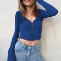 Women's Sexy Ruched V-Neck Long Sleeve Cropped T-Shirt Slim Fit Solid Color Polyester Top With Single-Breasted Buttons For Party Club Streetwear Casual Autumn Outfits