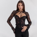 Women Sexy Black Lace Corset Top And Long Flare Sleeve Cape Set Slim Fit Solid Sheer Patchwork Fishbone Crop Top For Clubwear Party