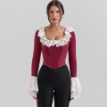Women's Vintage Velvet Patchwork Lace Flare Sleeve T-Shirt Sexy Gothic Boning Corset Top Streetwear Party Retro U-Neck Slim Long Sleeve Top