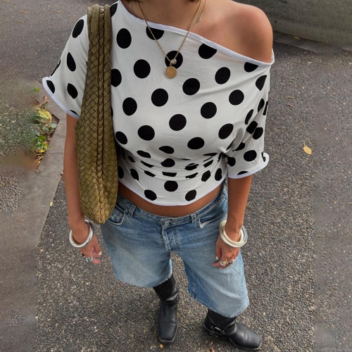 Women's Elegant One Shoulder Polka Dot T-Shirt Asymmetric Short Sleeve Slim Waist Tie Knot Blouse Summer Casual Top for Women