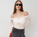 Women Sexy Mesh T-Shirt Off The Shoulder Ruched Long Sleeve See Through Slim Fit Crop Top Summer Streetwear Polyester Blouse For Ladies Night Out