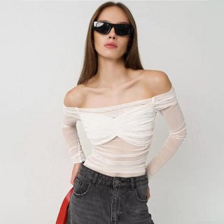 Women Sexy Mesh T-Shirt Off The Shoulder Ruched Long Sleeve See Through Slim Fit Crop Top Summer Streetwear Polyester Blouse For Ladies Night Out