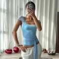 Women Sexy Square Neck Backless Top Summer Solid Color Slim Fit Short Sleeve T-Shirt With Tie Waist Bow Detail Milk Silk Patchwork Streetwear Clubwear Party Top