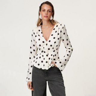 Women's Sexy Polka Dot V-Neck Peplum T-Shirt Long Sleeve Button Down Pleated Slim Fit Blouse Top For Daily Party Streetwear