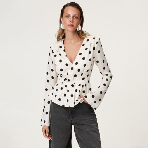 Women's Sexy Polka Dot V-Neck Peplum T-Shirt Long Sleeve Button Down Pleated Slim Fit Blouse Top For Daily Party Streetwear