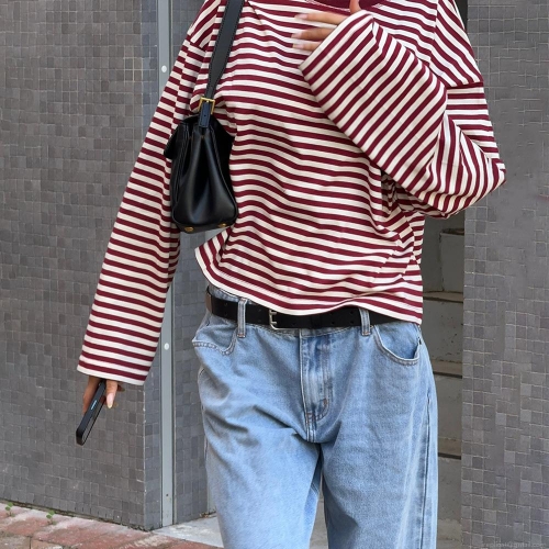 Women Striped Long Sleeve T-Shirt Casual Color Block Crew Neck Oversized Pullover Top Streetwear Fashion Lightweight Summer Tee For Women