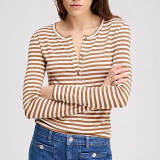 Women Striped Long Sleeve T-Shirt With Scarf Ribbed Knit Slim Fit Henley Neck Button Down Autumn Winter Polyester Cotton Blend Sexy Streetwear Top